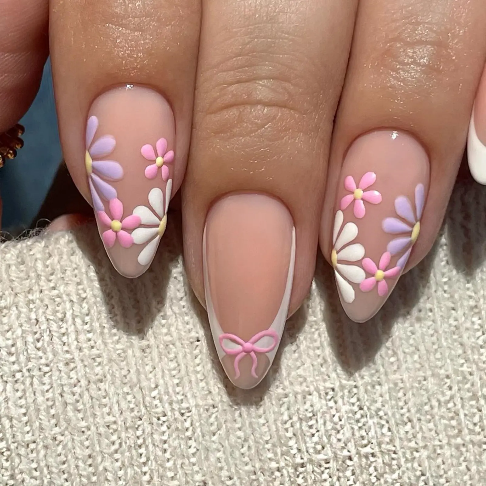 24pcs Almond Press-On Nails, Colorful Flower Print French Manicure, Includes Jelly Glue and File, Press On Sets, Nail Art Set for Women, Flower Design Nails, Almond Shape Nails