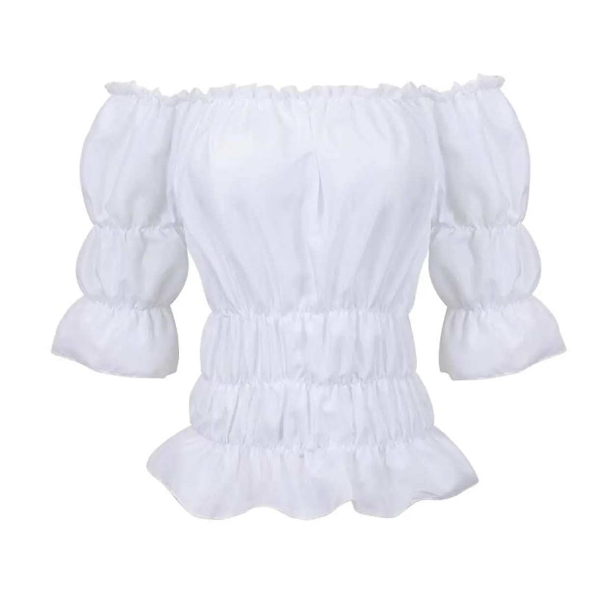 Women's Off Shoulder Short Sleeves Polyester Blend Ruffle Medieval Style Blouse - Gothic Peasant Pirate Corset Puff Top, Casual Summer Costume for Going Out, Available in White, Black, Wine Red, Green, Brown, Halloween, Cosplay