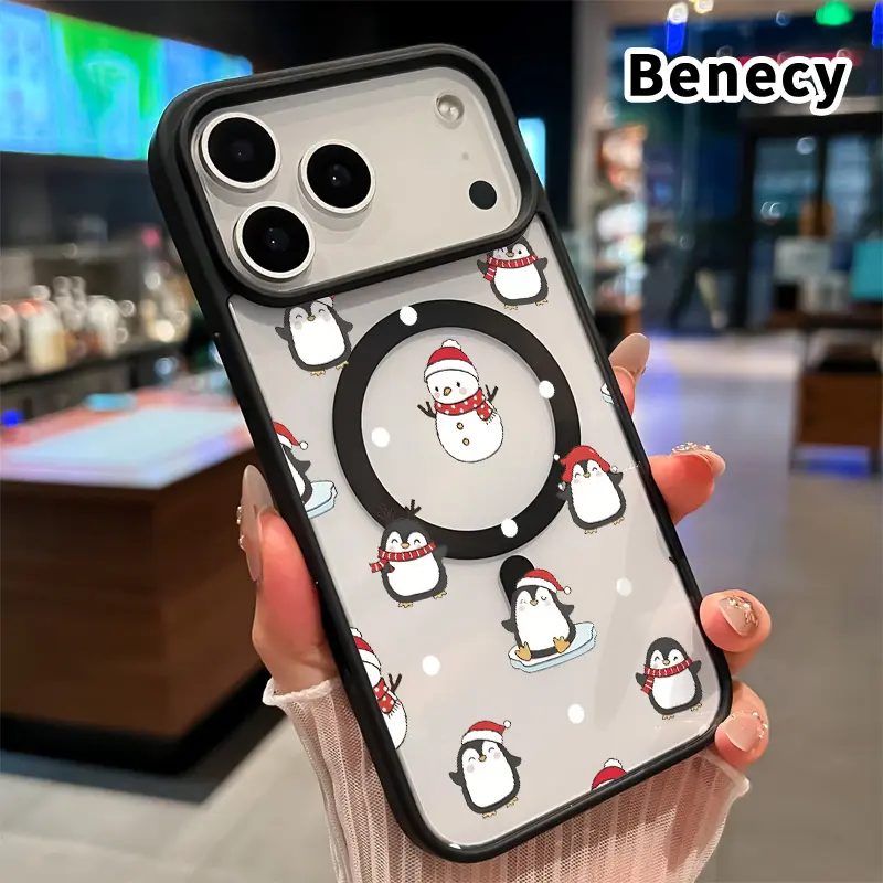 Magnetic Phone case for iPhone 17 16  Pro Max Plus 15 14 13 12 11 Air E Penguin Christmas Dream Pattern Non-Yellowing Shockproof Soft Silicone Transparent Acrylic Cover Supports Wireless Charging