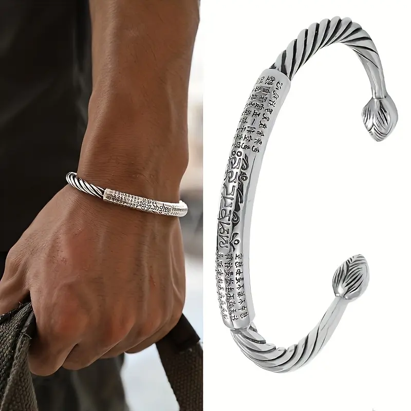 1 piece six-character mantra alloy bracelet niche heart-summary opening bracelet retro twisted bracelet men's bracelet, suitable for parties, vacations, birthdays, anniversary. Romantic Valentine's Day gift