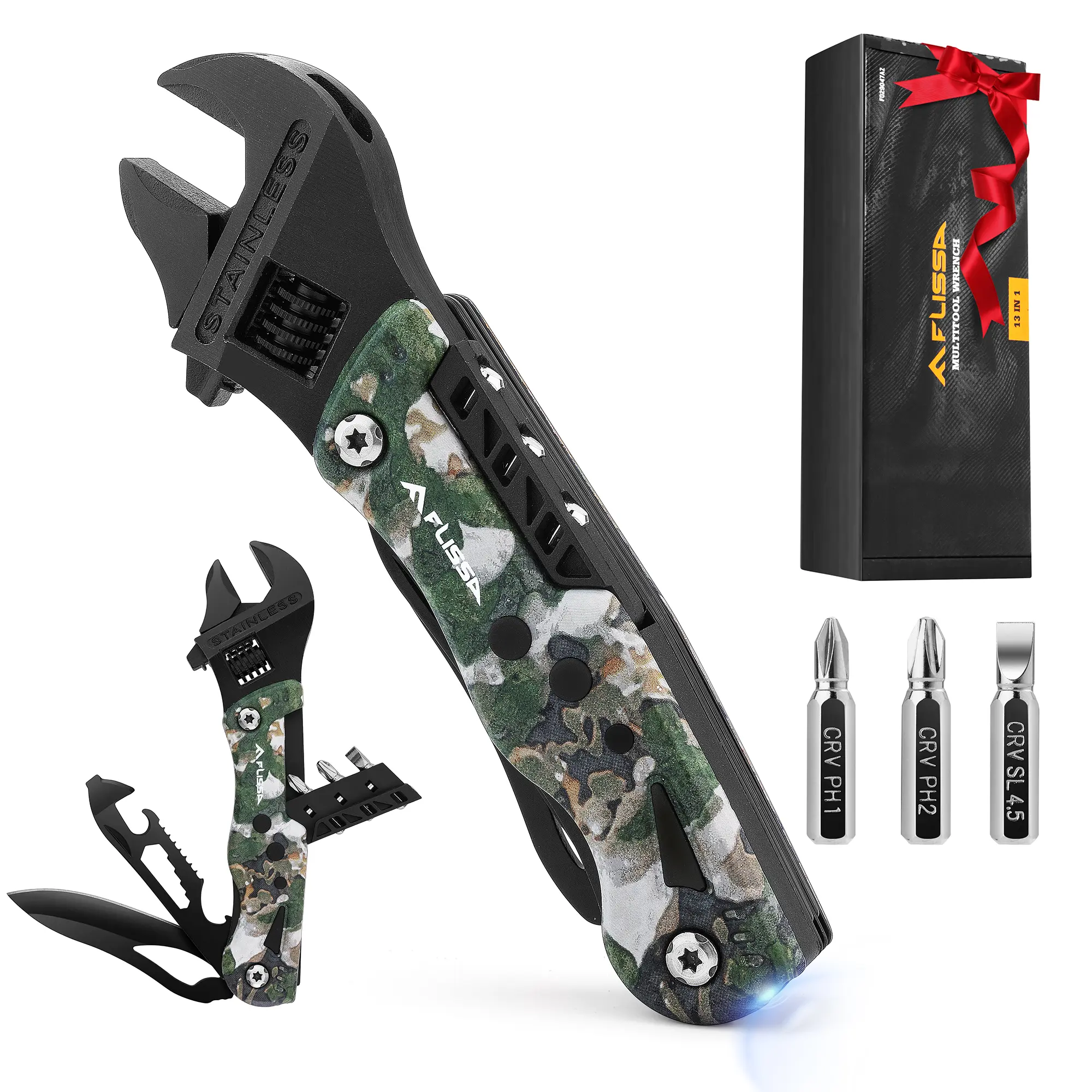 #summersale FLISSA 13-in-1 Multi Tool Wrench, Stainless Steel Camo Multitool Adjustable Wrench with LED Light, EDC Pocket Knife with Sheath, Multipurpose Multi Use Tool