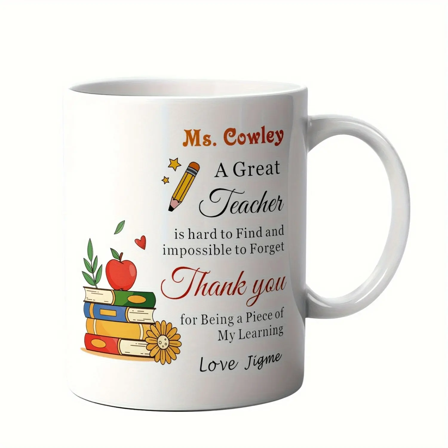 Personalized Teacher Appreciation Coffee Mug - Custom Name & Heartfelt Message, Classroom Design with Books, Pencil - Dishwasher Safe Ceramic Cup - Teacher's Day, Birthday, Retirement Gift for Educators, Professors