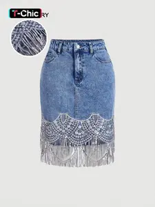 Women's Denim Fringe Sequin Midi Skirt Button, Summer Elegant Casual Everyday Wear, High Stretch Comfortable Office Commute Dress, Fitted Plain Style