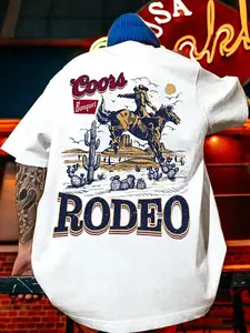 Western Slogan Tee Coors Banquet Denim Print, Comfortable Home Sleepwear Style, Vintage Fun Casual Top, Breathable Relaxing