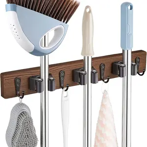 Mop Broom Holder Wall Mount with 3 Slots & 4 Hooks - Wood Broom Mop Hanger for Pantry Kitchen Organization - for Rustic Farmhouse Kitchen Decor