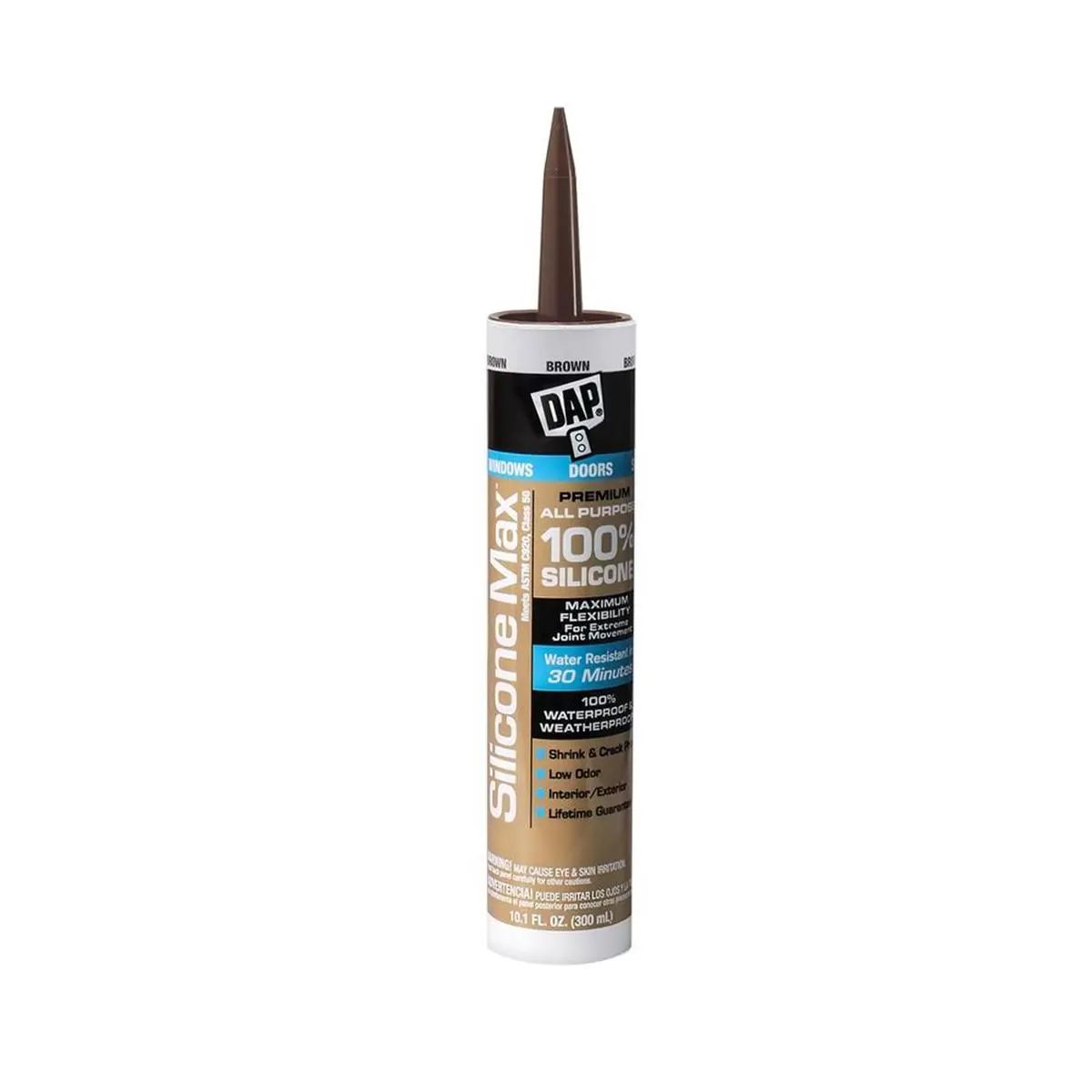 Dap Silicone Max Sealant - 10.1 oz Brown Low Odor All-Purpose 100% Silicone Adhesive, Shrink and Crack Proof, 100% Waterproof, Flexible All-Surface Weather Sealer for Doors, Windows (40-120°F, Interior/Exterior)