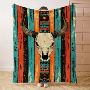 Western Bull Skull Aztec Tribal Distressed Striped Fleece Throw Blanket – Soft Cozy Southwestern‑Style Blanket, Rustic Cowboy Home Decor, Perfect Western Country Enthusiast Gift