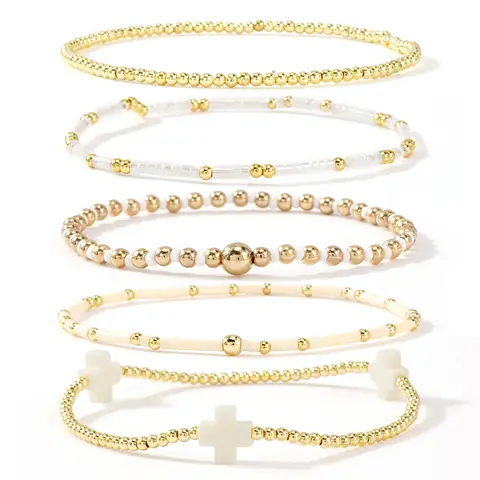SHINUS Women's Boho 5-Piece Layered Stretch Bracelet Stack - Colorful African Vinyl Beads, Gold-Plated Cross Charm, Costume Jewelry for Women, Teenage Girls Gifts, Gifts for Female Adults, Stocking Stuffers, Beach Wear Accessory