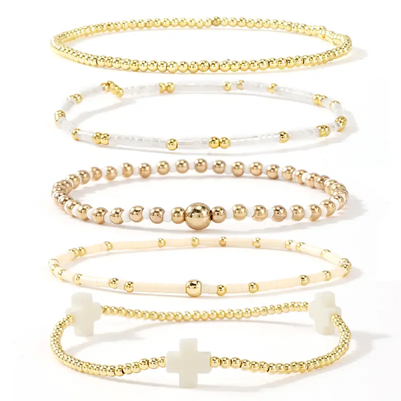 SHINUS Women's Boho 5-Piece Layered Stretch Bracelet Stack - Colorful African Vinyl Beads, Gold-Plated Cross Charm, Costume Jewelry for Women, Teenage Girls Gifts, Gifts for Female Adults, Stocking Stuffers, Beach Wear Accessory