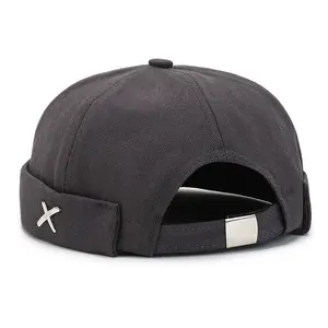 Metallic X-Decorated Borderless Docker Hat, Adjustable Retro Skull Cap, Street Style Casual Minimalist Fedora, Silver Color X Badge Design, Men
