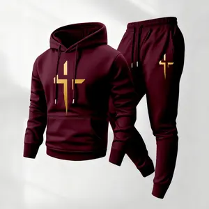 Men's 2-Piece Loose-Fitting Golden Cross Printed Hoodie & Drawstring Sweatpants Set - Polyester Fabric, Long-Sleeves, Mensfashion, Casual Athletic Hooded Jacket & Trousers for Fall Winter Daily Wear, Athleisure Sportswear