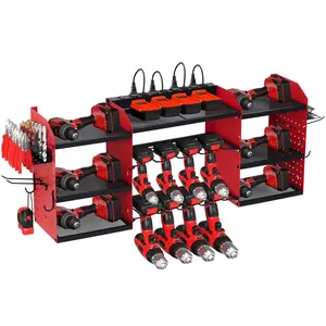 Garvee Heavy Duty Power Tool Organizer and Drill Holder Wall Mount with 3-Tier Storage Rack Supporting up to 400Lbs, Includes Charging Station, Hooks for 8 Drills, and Garage Workshop Tool Storage Shelf