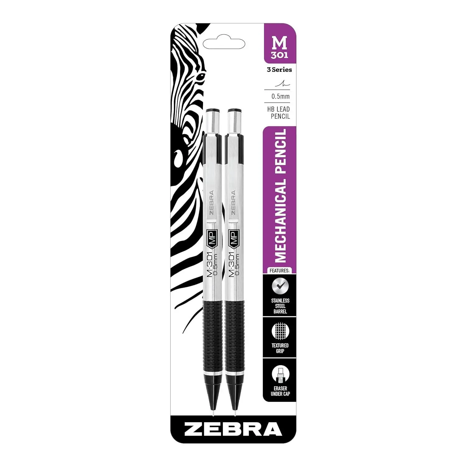 Zebra Pen STEEL M-301 Mechanical Pencil, 0.5mm Fine Point, 2-Pack | Stainless Steel Barrel, Textured Grip, Lightweight Design, Built-In-Eraser, Refillable, Office and School Supplies (54012)