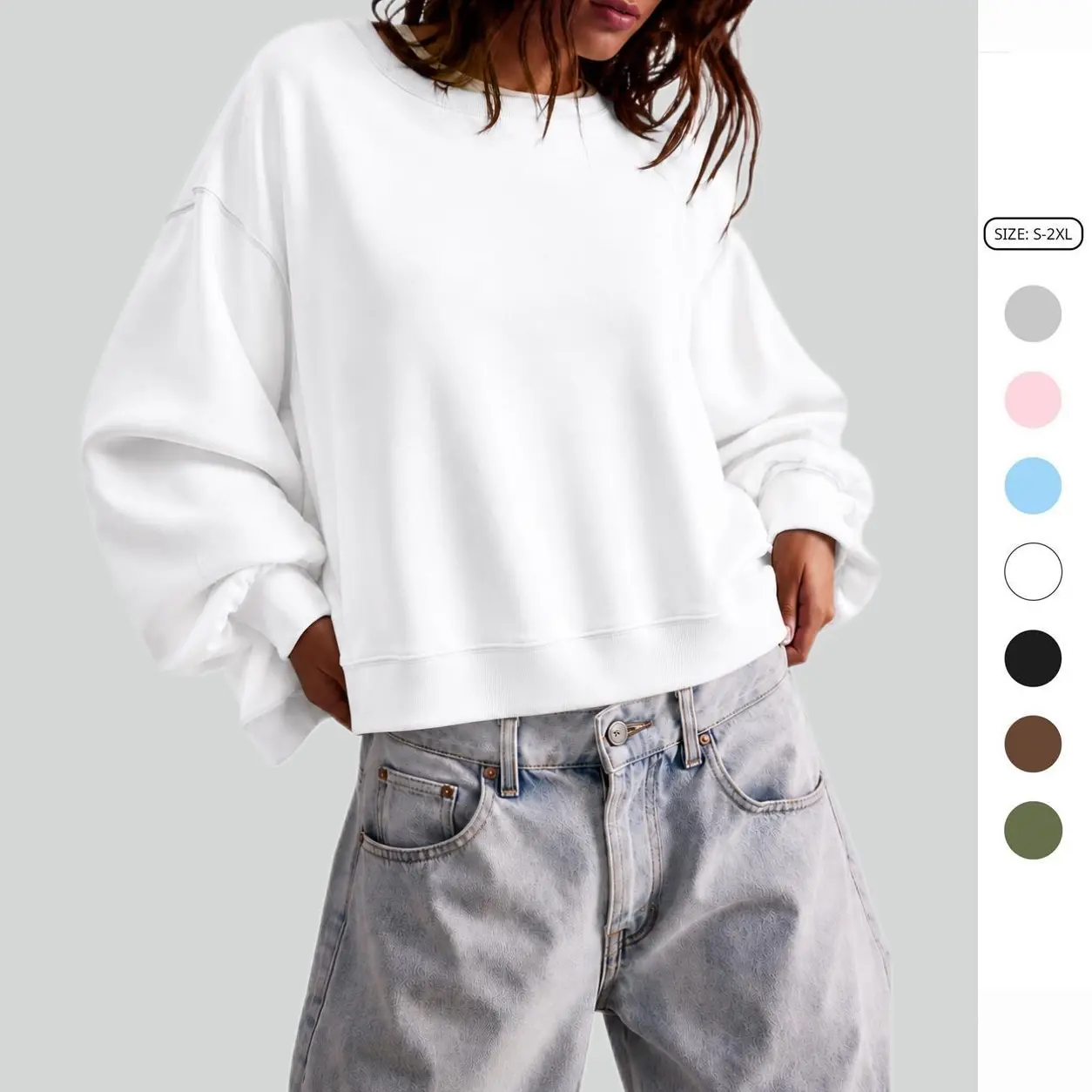 Imily Bela Women's Chic Long-Sleeve Cotton Round Neck Cropped Sweatshirts Loose Pullover  Ribbed Elastic Solid Style Top with Fit Options, Comfy Loose Casual Wear for Pairing with Tank Tops, Joggers, Tops For Women