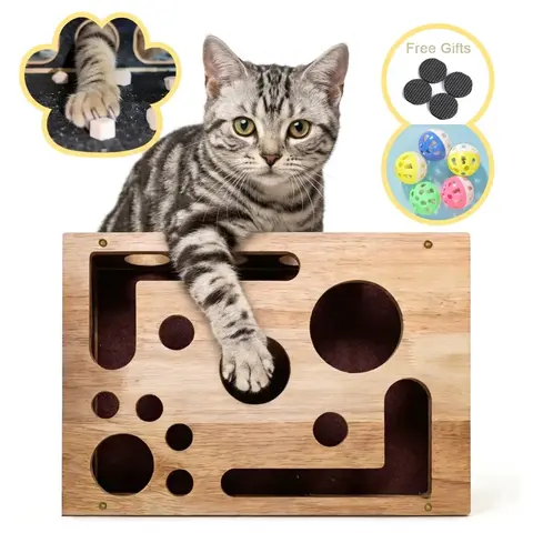 100% Real Oak Wood Cat Nail File Scratcher - Stress-Free Natural Nail Filing Alternative to Clippers/Noisy Grinders, Safe Scratch Solution, Furniture Protector with Puzzle Box Fun for Indoor Cats (Redirects Claws From Couches)