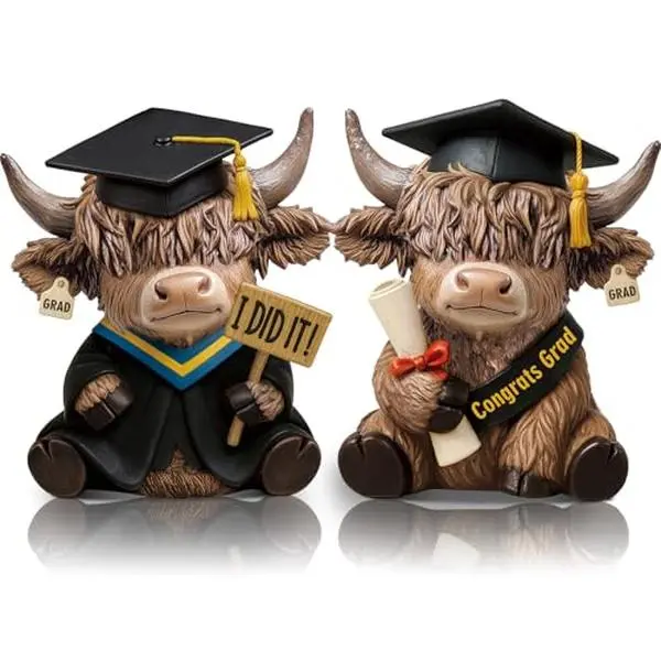 Graduation Highland Cow Gift 2pcs Highland Cow Figurines 3D Cattle Statue Cow Sculpture Resin Cow Grad Decorations for School Students, Gift for Class of 2026 with "I Did It" and "Graduation Certificate"