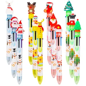 6/12Pcs Christmas Festive Colorful Round Pens 6 in 1 Pen, Retractable Pen Santa Claus Reindeer Christmas Round Pen, Perfect for Christmas Party Gifts (Random Styles)