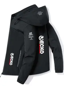 Men's Lightweight Polyester Fashion Hooded Jacket, Ecko Letter Print, Front Zipper, Casual Outdoor Spring Summer Coat, Casual Fitted Jackets