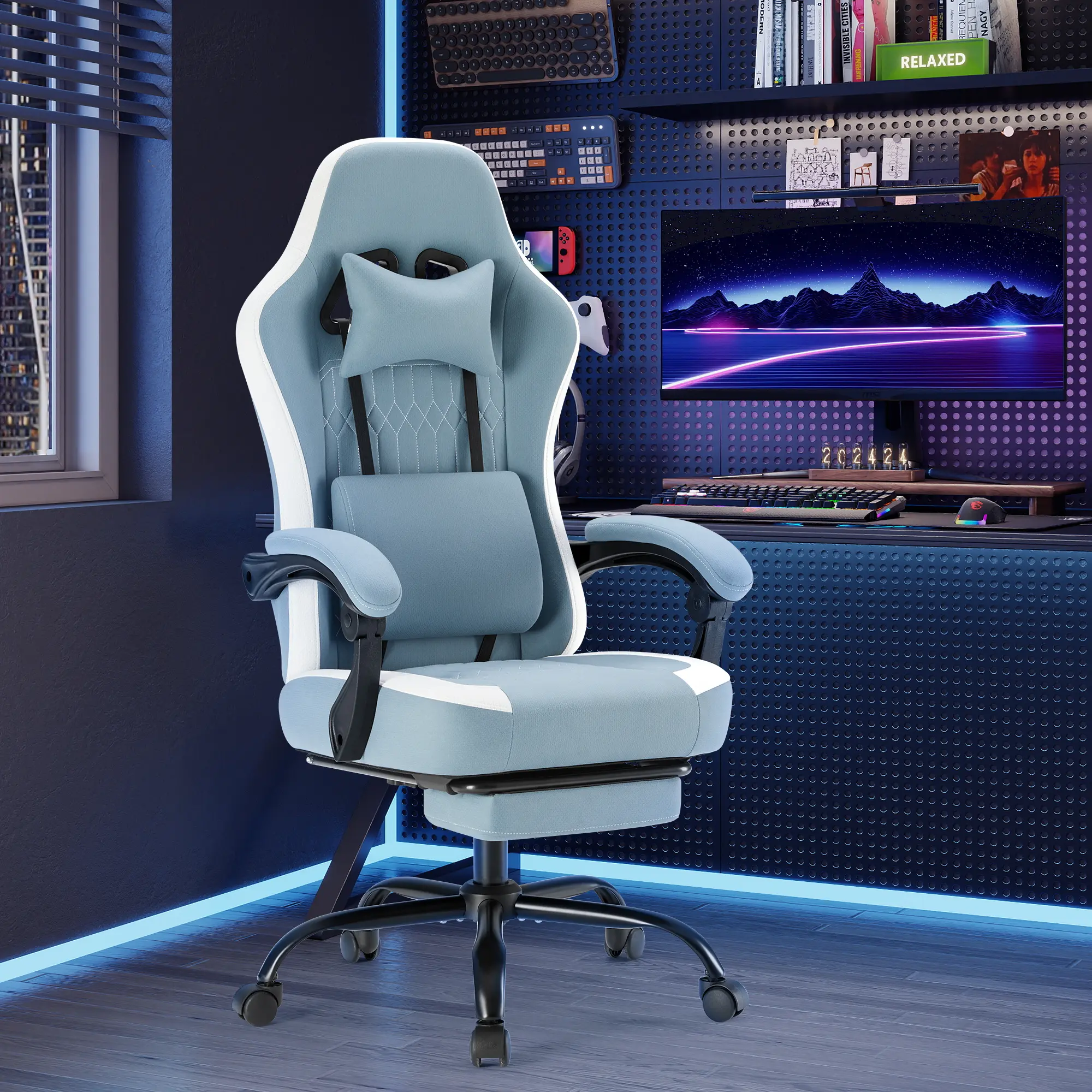 Computer Gaming Chair - High Back Ergonomic Desk Chair with Footrest and Lumbar Support, Height Adjustable Task Chair with Linkage Armrests and Headrest, 360° Swivel Wheels