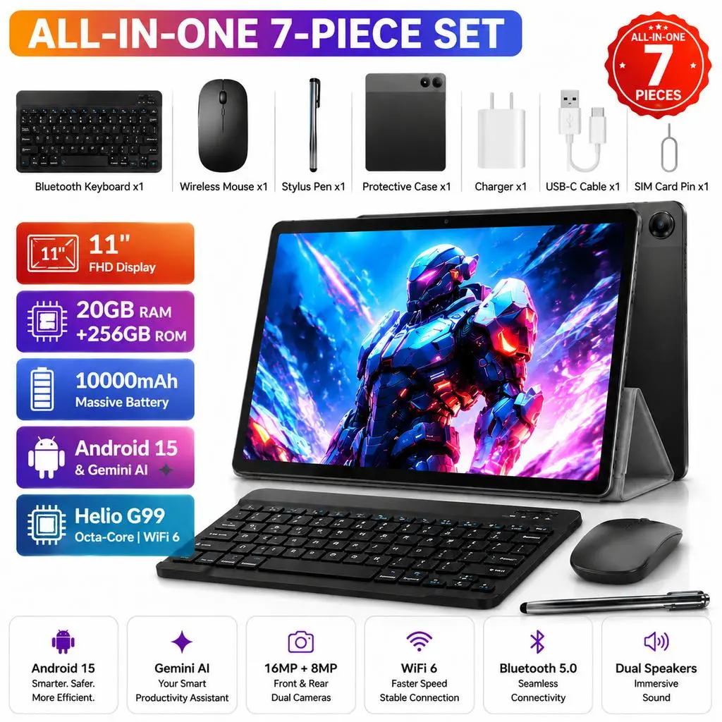 11in Android Tablet Bundle SIM-enabled calling，MTK G99，8GB RAM+12GB  Extension+256GB ROM ，8 MP + 16 MP Camera,  10000mAh Battery,   60HZ （1920×1200FHD）,WiFi 6, with Keyboard, Mouse, Silicone Case & Stylus,  Multi-satellite positioning  for School, Work