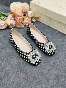 French Style Square Toe Polka Dot Rhinestone Flat Shoes, Patent Leather Soft Sole Rubber, Casual All-Season Women's Footwear, Perfect for Work and Dates