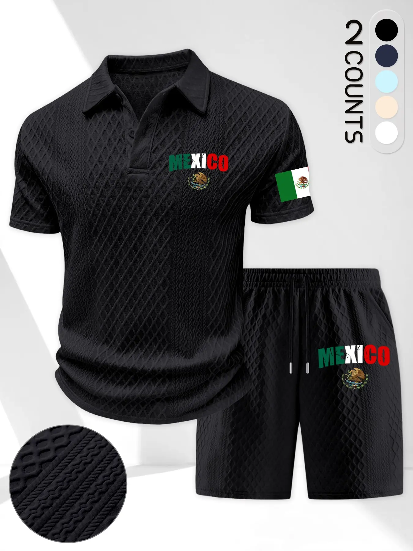 Men's Summer Set Textured Short Sleeve Collared Polo Shirt + Casual Shorts, Trendy Mexican Flag Print Menswear 2-Piece Set, Perfect Gift for Patriotic Men Shorts Sets Outfits
