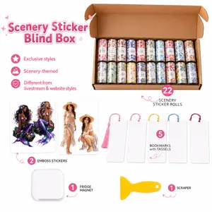 Charm Chums Scenery Sticker Blind Box, 22 Sticker Rolls, 5 Bookmarks, Fridge Magnet, Emboss Stickers & Scraper for Journaling Scrapbooking Planner Crafts