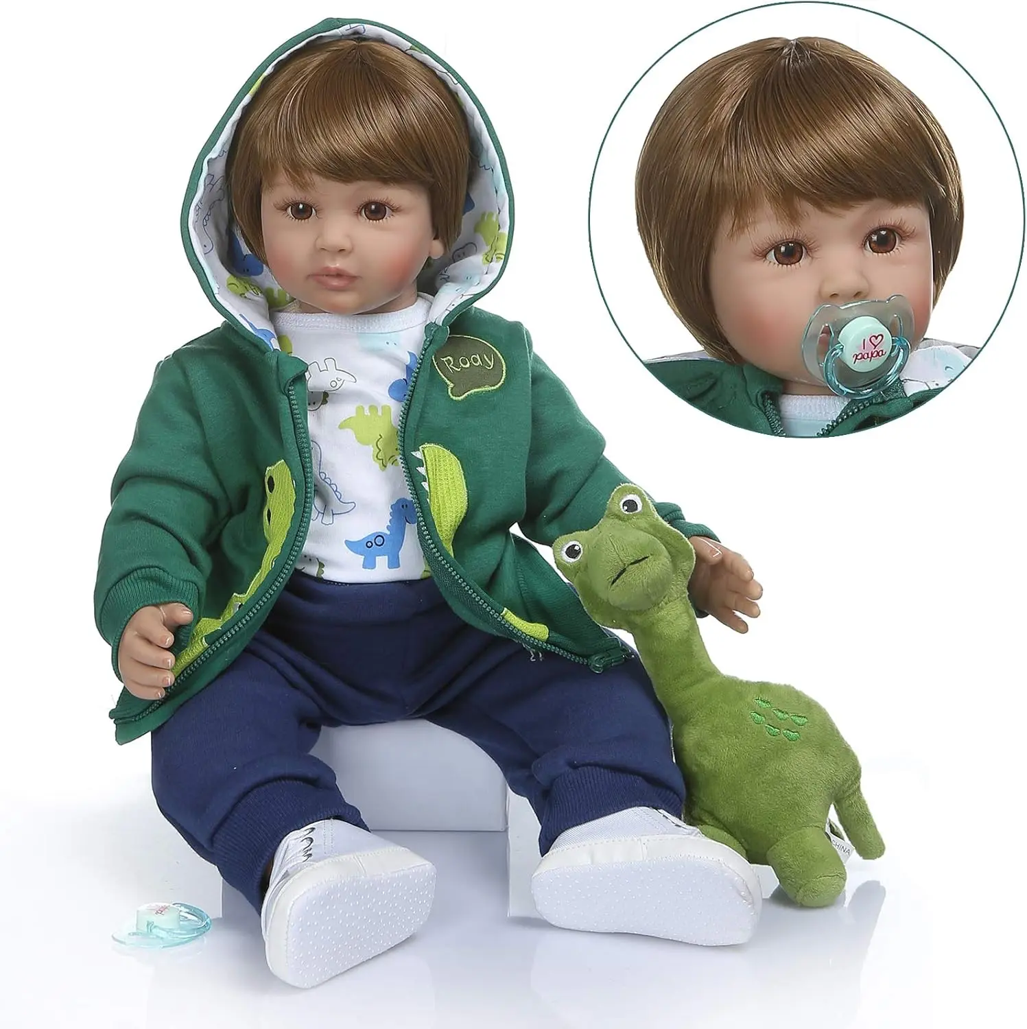 24-Inch Lifelike Soft Realistic Soft Reborn Toddler Doll Set - Unisex Dinosaur-Themed Toy with Plush Dino, Pacifier - Collectible for 3+ Yrs Kids, Birthday Gift, Lifelike Soft Dolls, Realistic Soft Dolls