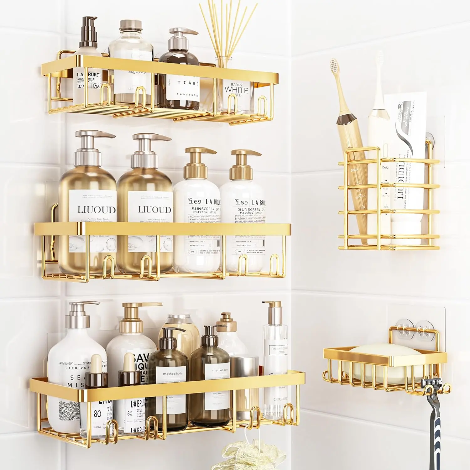 Golden 5-Pack Wall-Mounted Adhesive Shower Caddy, Rust Proof Stainless Steel Bathroom Organizer, Large Capacity Bath Storage Solutions for Bathroom & Kitchen Use