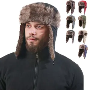 Black Winter Men’s Ushanka Aviator Trapper Hat Russian Trooper Flap Faux Fur Cap - Warm, Stylish, Cold Weather Protection, Comfortable & Durable, Perfect for Snow, Outdoor Activities, Hunting, Skiing, and Everyday Winter Wear, Adjustable Fit