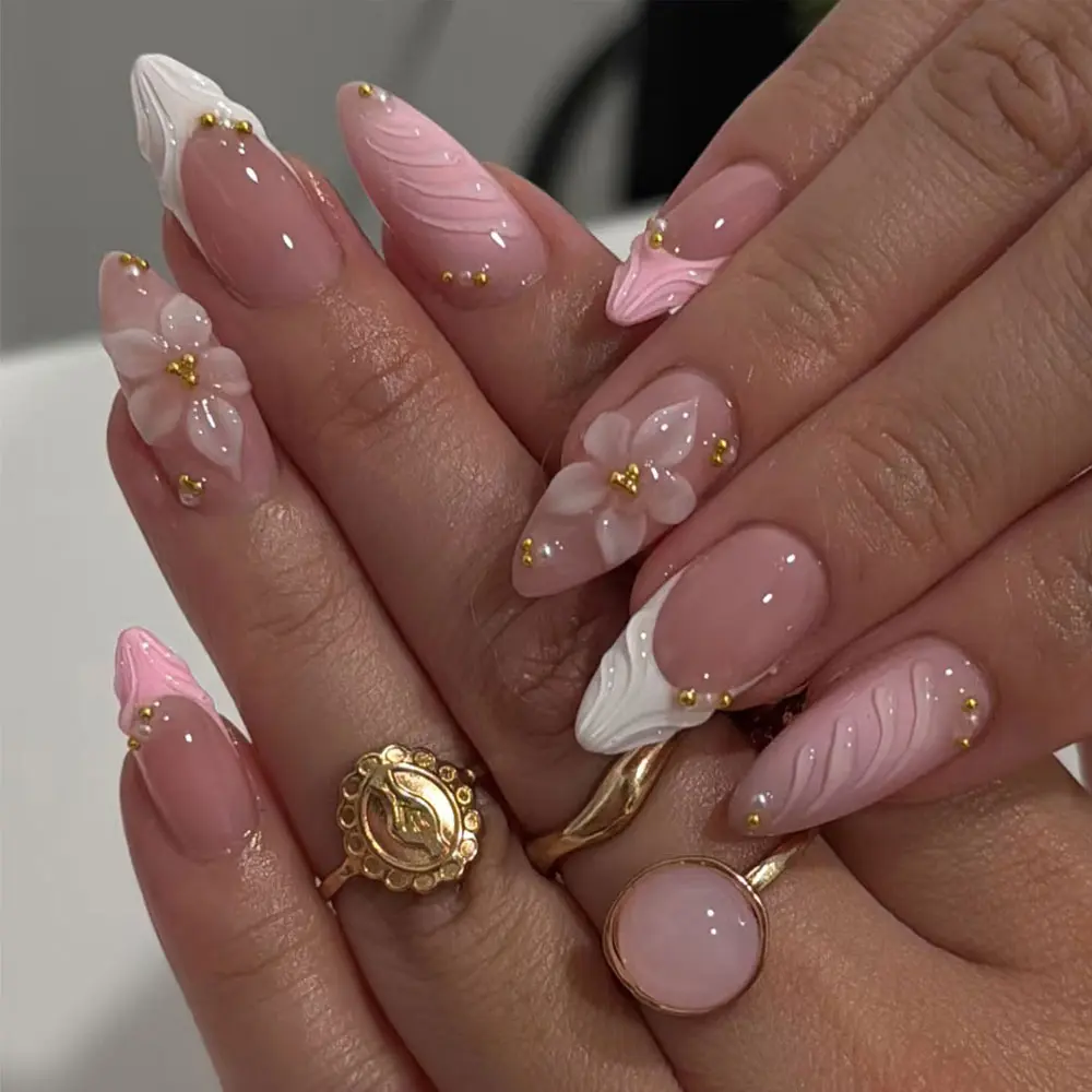 Elevate Your Style with 24pcs Medium-Long Almond French Press-On Nails with French Tip Design, Easy-to-Wear Acrylic False Nail Set with Gel Petal Design, Nails Press Ons, Fake Nails
