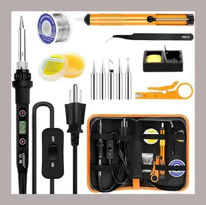 Soldering Iron Kit 80W LCD Adjustable Temperature 180-520℃ Solder Kit Electronics 13 in 1 Welding Tools with ON/OFF Switch, Solder Wire, Flux, 5 Soldering Tips, Desoldering Pump, Stand, Tweezers
