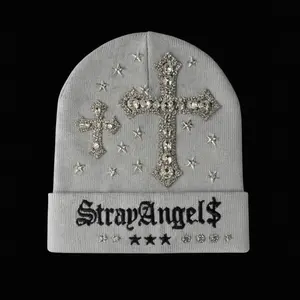 Strayangels Grey Beanie with Rhinestone Cross and Star Embellishments for Stylish Warmth