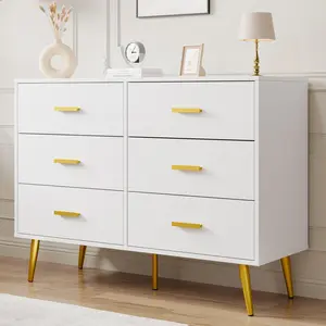 Garvee Modern Wooden Dresser with 6 Drawers, Large Storage Space, Golden Handles, and Sturdy Metal Legs - Perfect for Bedroom, Living Room, or Entryway - White Finish