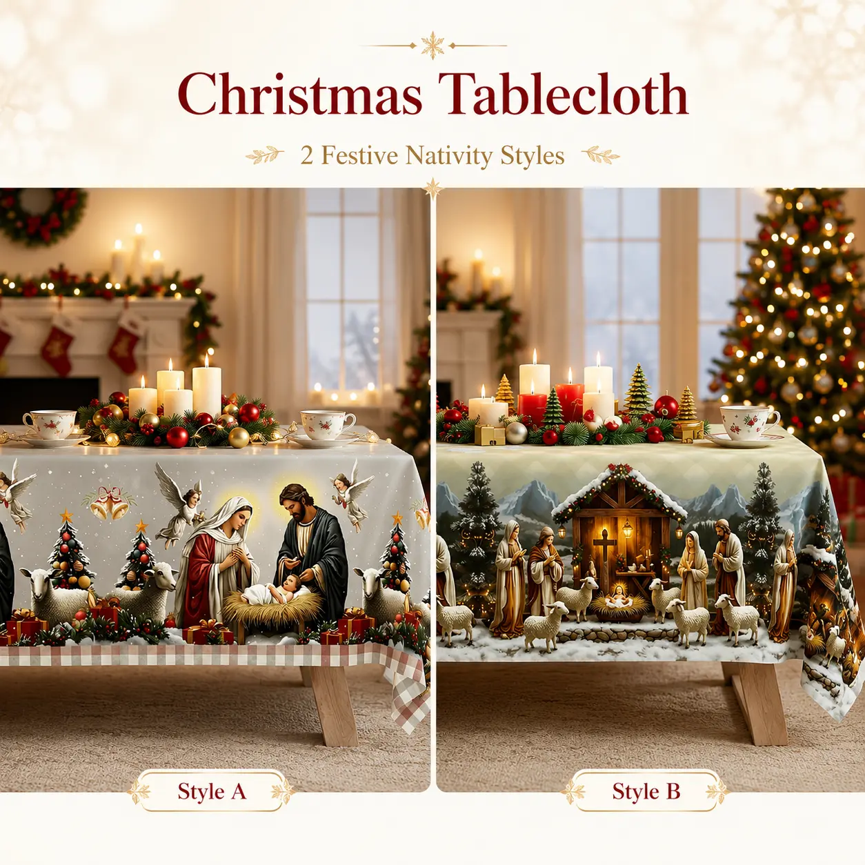 Christmas nativity tablecloth, white beige and gold, featuring Mary, Joseph, baby Jesus, angels and stars, round, rectangular and oval shapes, suitable for banquets, restaurants, parties, festivals and birthdays, polyester, washable, clearance sale, Multi