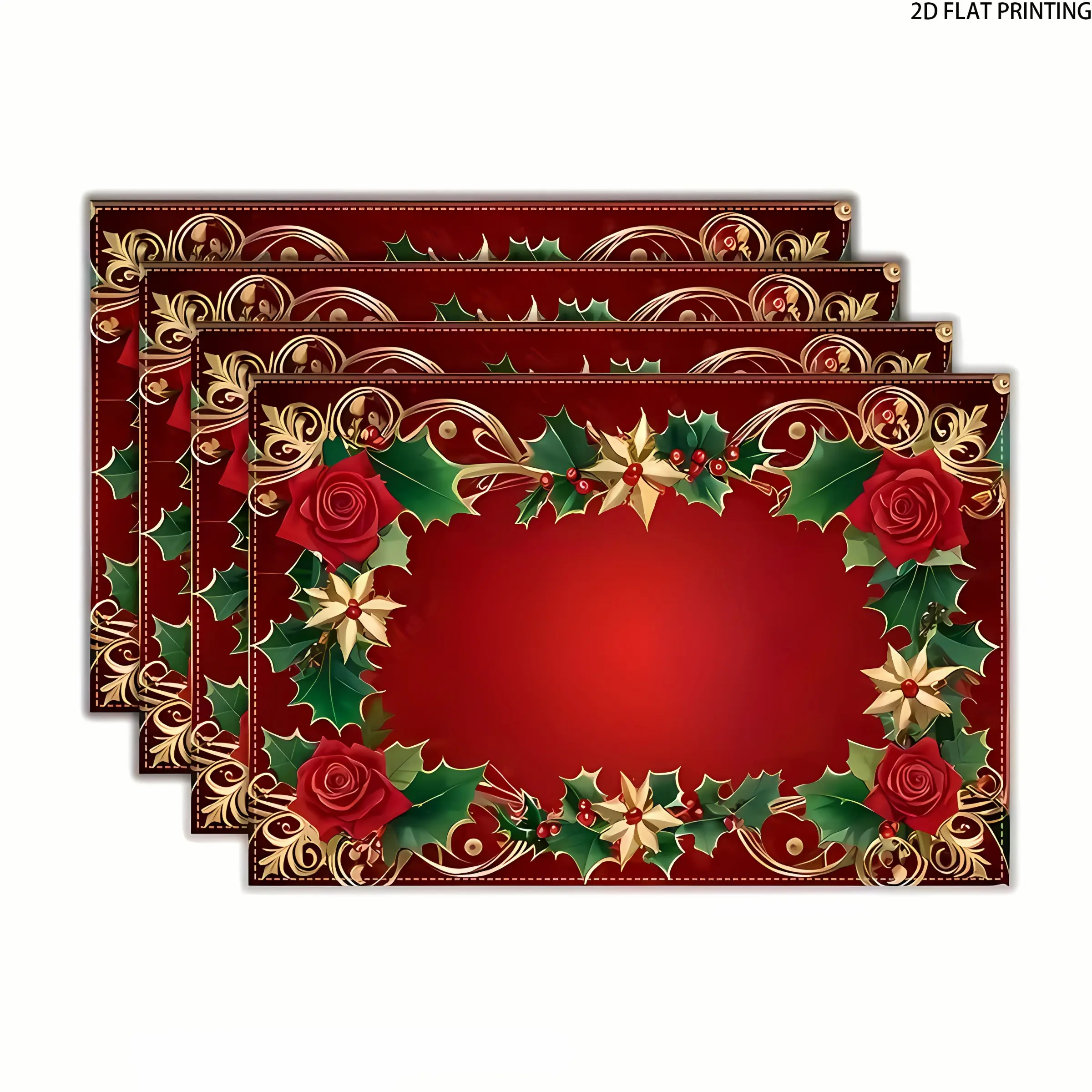 2D flat printing, 2-piece/4-piece/6-piece/8-piece set, Christmas decorative printed placemat, 12 * 18 inches, red background with rose and holly gold patterns, festive atmosphere Christmas themed placemat, Household Home Placemat
