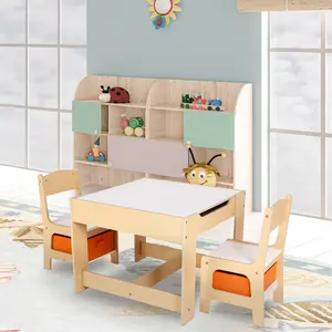 3-Piece Kids Table and Chairs Set, Wood Children Activity Desk Indoor Toddler Play Table and 2 Chairs Set with Storage, for Drawing Reading Crafts, Playroom, Nursery