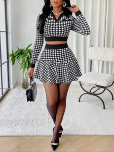 Women's Fashion Plaid Houndstooth V Neck Long Sleeve Jacket & Swing Mini Skirt Set, Womenswear, Casual Autumn, Sexy Checkered Print, Two Piece Suit
