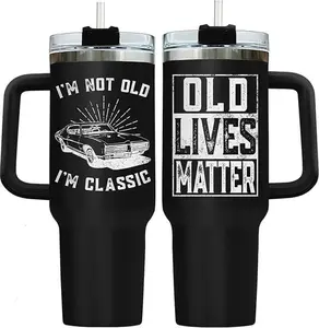 40oz Stainless Steel Insulated Tumbler Set - Classic Car Themed Water Bottle with Handle, Straw, Lid, Portable Insulation Drinkware for Father's Day, Grandpa Retirement Gift (Old Lives Matter)
