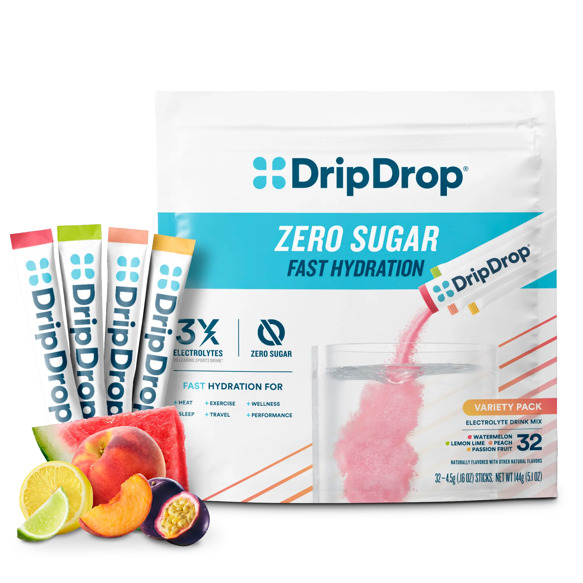 DripDrop Zero Sugar Variety Pack Electrolyte Powder, 8 oz sticks, 32 count