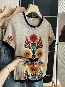 Women's Vintage Ethnic Floral Print Knit Sweater T-Shirt, Round Neck Short Sleeve, Casual Breathable Aesthetic Design, All Seasons Wear, Knitwear