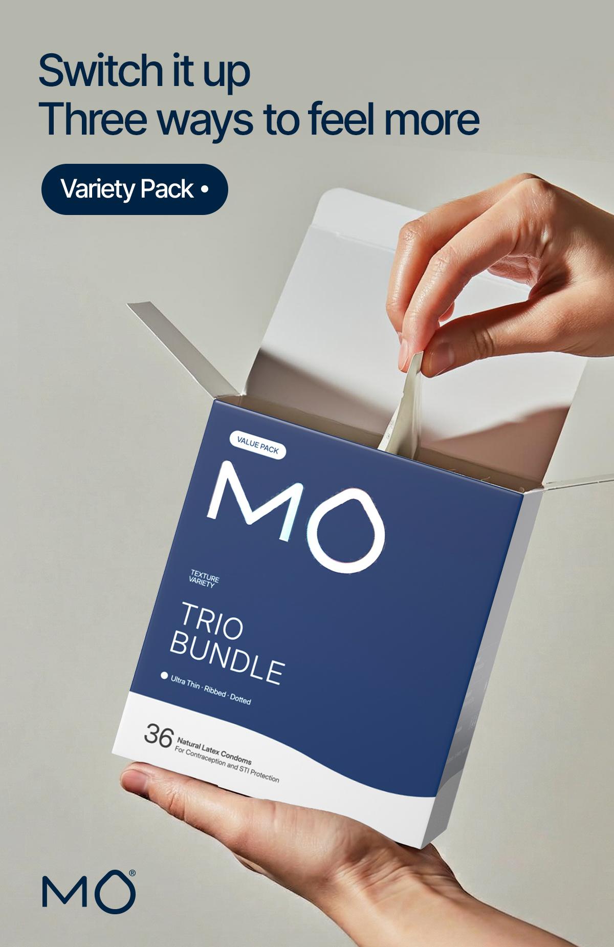 MO Trio Bundle Variety Pack, Ultra Thin + Ribbed + Dotted, Natural Latex, pH Balanced, Regualr Fit,36 Count MO Trio Bundle Variety Pack, Ultra Thin + Ribbed + Dotted, Natural Latex, pH Balanced, Regualr Fit,36 Count