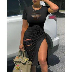 Ochardlilishop   Ladder Cut Out Hollow Out Ruched Slit Bodycon Dress for Women Side Slit Drawstring Club Party Short Sleeve Midi Dresses