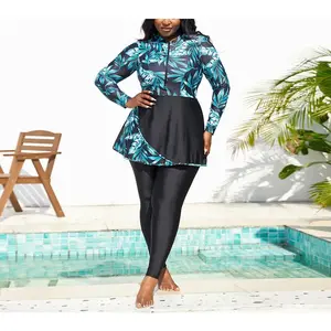 New women’s one-piece swimsuit with printed zipper skirt design, long sleeves, European and American plus sizes