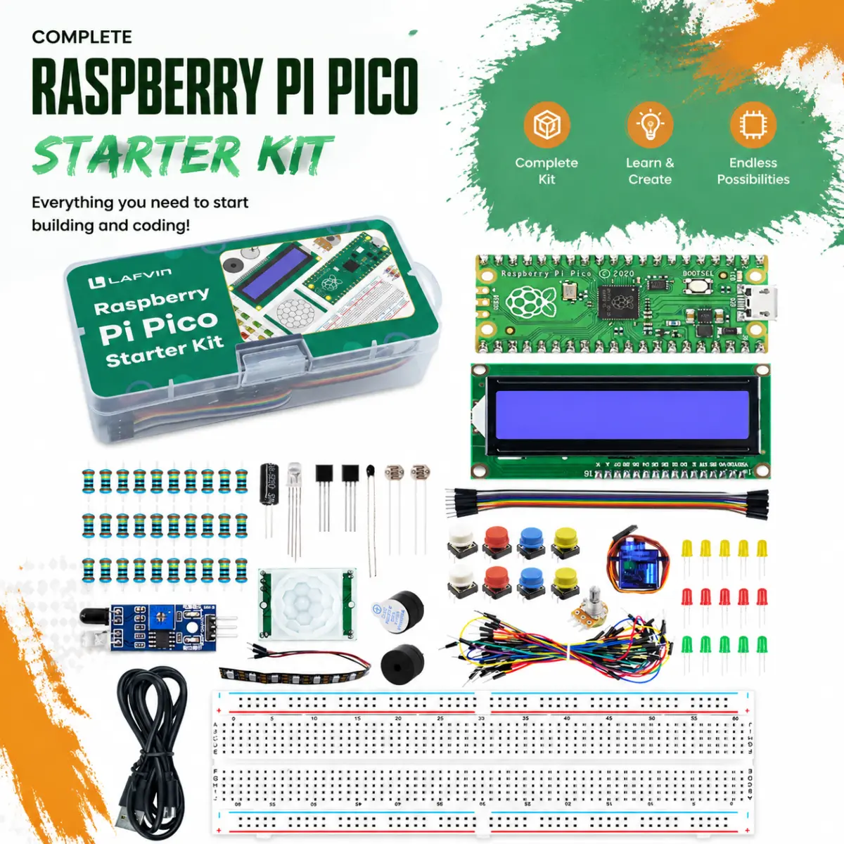 LAFVIN Raspberry Pi Pico Starter Kit with RP2040, LCD1602, SG90 Servo, PIR Sensor, Breadboard & 20+ Components – Complete Electronics Learning Set with Tutorial for STEM Projects