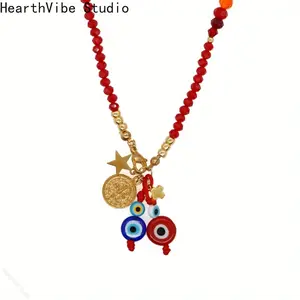 1pc Women's Bohemian Pendant Necklace - Mixed-and-Matched Colorful Glass Round Beads, Evil Eye Cross Tag, Unisex Design, Sports & Outdoor Accessory, Daily Wear Gift for Friends, Bead