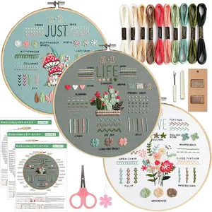 3 Sets Embroidery Kit for Beginners Adults, Needlepoint Cross Stitch Kits, Learn 34 Different Stiches DIY Kits, Hand Embroidery Kit for  with Simple Embroidery Patterns