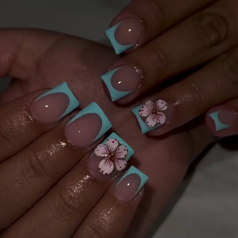 24pcs Medium-Length Press-On Nails, Nude Tiffany Blue French Floral Design, Reusable, Multiple Sizes, Includes Jelly Glue & Nail File, Fake Nails Kit