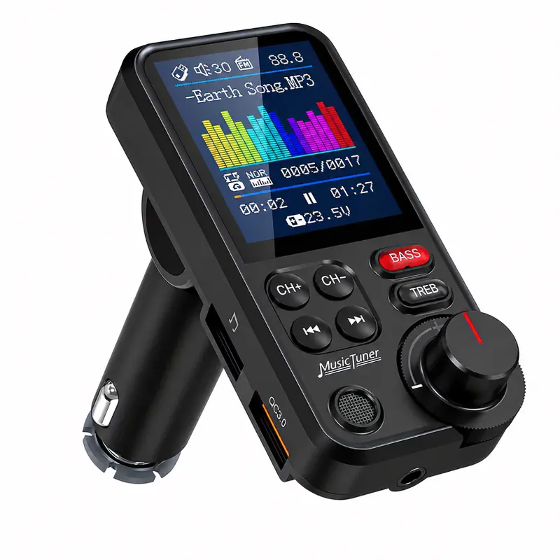 Wireless Car FM Transmitter with HD Microphone| 1.8inch Colorful screen hands-free calling| QC3.0 Fast Charging| Treble and Bass Adjustment| Compatible with CarPlay Car Music Player, Mobile Phone Car Bluetooth Adapter, In-Car Charging, Music Playback, Cig