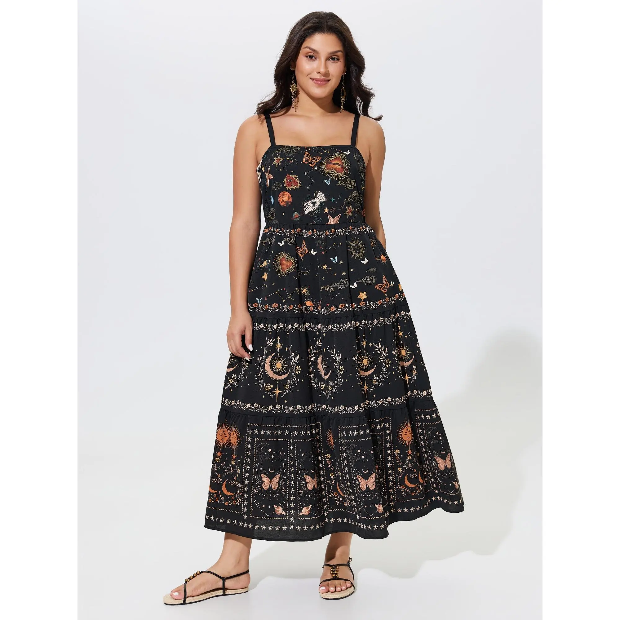 BloomChic Women's Plus Size Casual Bohemian Celestial Print Smocked Tiered Maxi Dress with Side Pockets, Smooth, Polyester, Garment, Fabric, Fit, Sleeveless